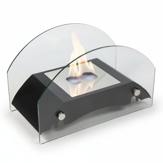 Minimalist Bridge Arch Tabletop Bioethanol Fireplace — Sleek Geometric Indoor Fire Pit in Matte Black with Dual Tempered Glass Shields