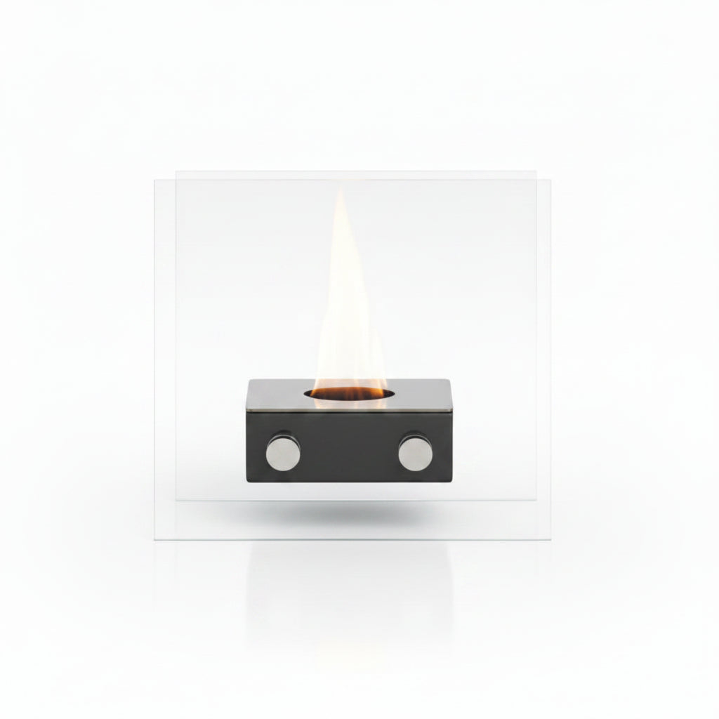 Compact Triple-Flame Tabletop Bioethanol Fireplace with Premium Matte Black Base and Dual Protective Glass Panels