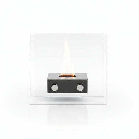 Compact Triple-Flame Tabletop Bioethanol Fireplace with Premium Matte Black Base and Dual Protective Glass Panels