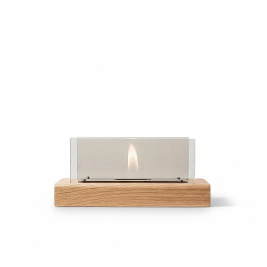 Minimalist Cylindrical Bioethanol Fireplace — Tabletop Fire Pit with Natural Wood Grain Base