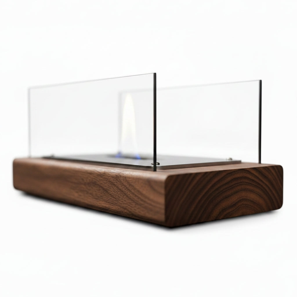 Minimalist Cylindrical Bioethanol Fireplace — Tabletop Fire Pit with Dark Wood Grain Base