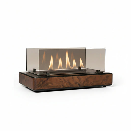 Mid-Century Modern Panoramic Tabletop Bioethanol Fireplace — Long Low-Profile Indoor Fire Pit in Luxury Walnut Wood Finish with Dual Tempered Glass Guards