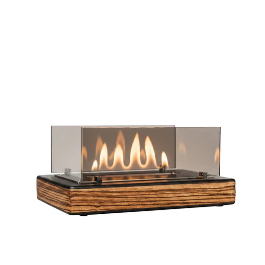 Architectural Wide Tabletop Bioethanol Fireplace — Sleek Low-Profile Indoor Fire Pit in Premium Zebrano Wood Effect Base with Panoramic Tempered Glass Shields