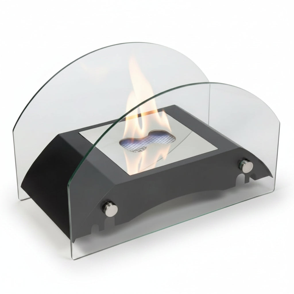 Minimalist Bridge Arch Tabletop Bioethanol Fireplace — Sleek Geometric Indoor Fire Pit in Matte Black with Dual Tempered Glass Shields