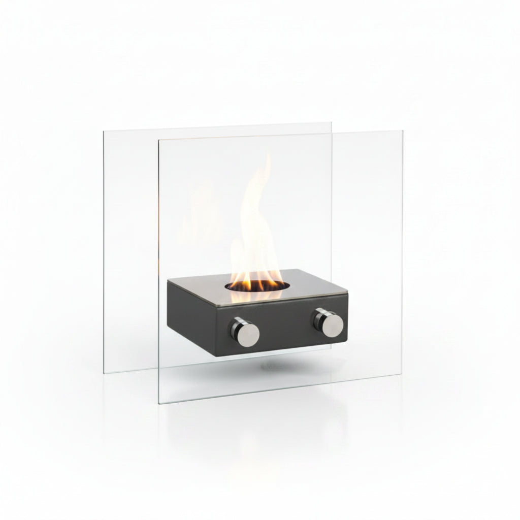 Compact Triple-Flame Tabletop Bioethanol Fireplace with Premium Matte Black Base and Dual Protective Glass Panels