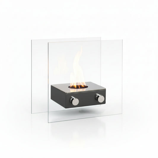 Compact Triple-Flame Tabletop Bioethanol Fireplace with Premium Matte Black Base and Dual Protective Glass Panels