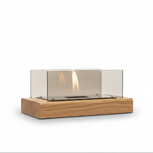 Minimalist Cylindrical Bioethanol Fireplace — Tabletop Fire Pit with Natural Wood Grain Base
