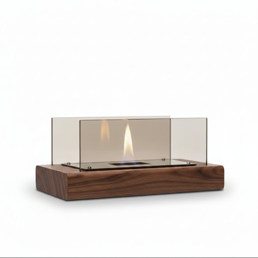 Minimalist Cylindrical Bioethanol Fireplace — Tabletop Fire Pit with Dark Wood Grain Base