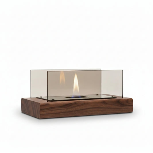 Minimalist Cylindrical Bioethanol Fireplace — Tabletop Fire Pit with Dark Wood Grain Base