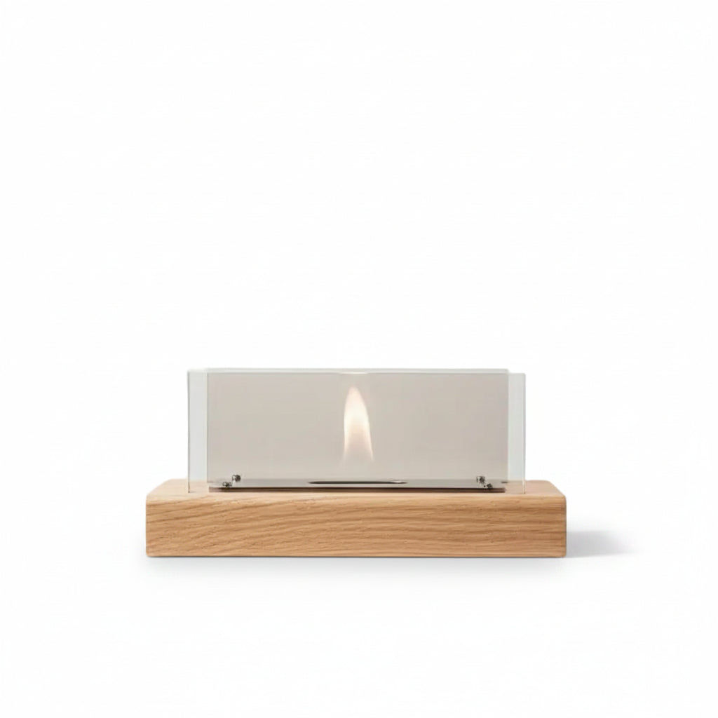 Minimalist Cylindrical Bioethanol Fireplace — Tabletop Fire Pit with Natural Wood Grain Base