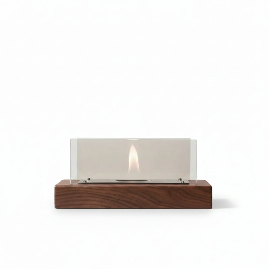 Minimalist Cylindrical Bioethanol Fireplace — Tabletop Fire Pit with Dark Wood Grain Base