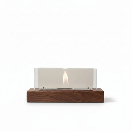 Minimalist Cylindrical Bioethanol Fireplace — Tabletop Fire Pit with Dark Wood Grain Base