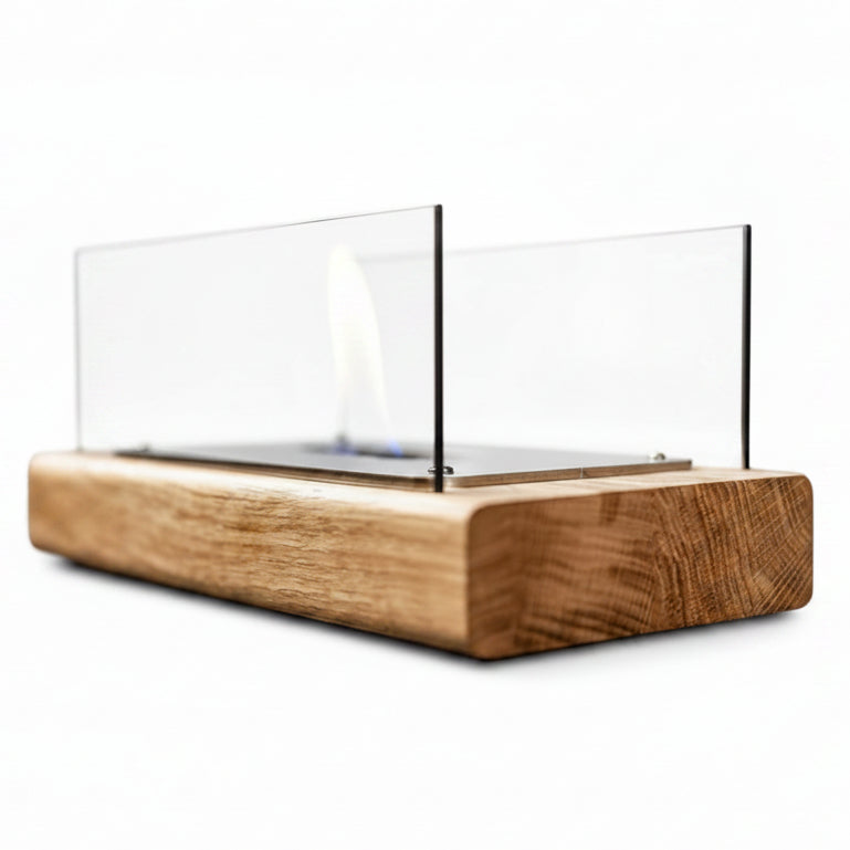 Minimalist Cylindrical Bioethanol Fireplace — Tabletop Fire Pit with Natural Wood Grain Base