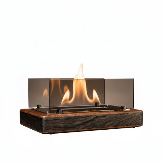 Architectural Wide Tabletop Bioethanol Fireplace — Sleek Low-Profile Indoor Fire Pit in Premium Matte Black with Panoramic Tempered Glass Shields