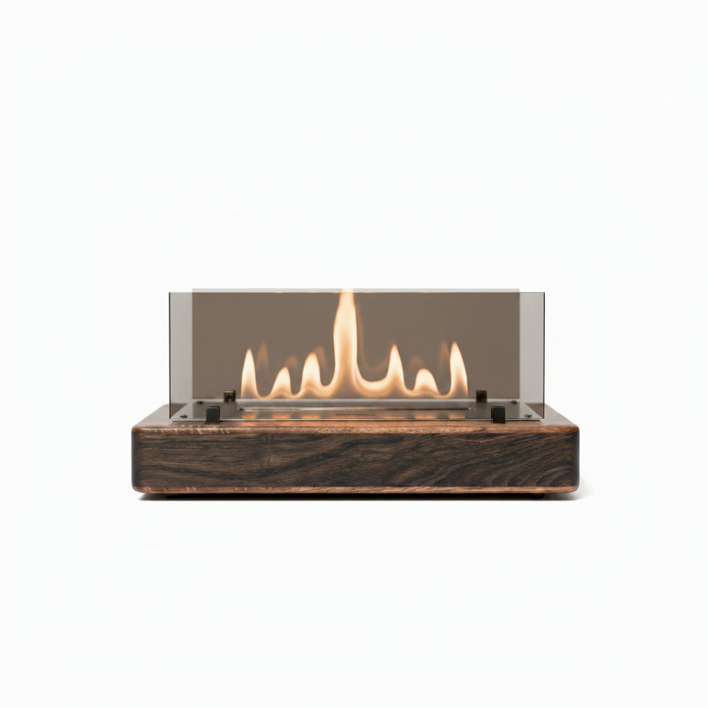 Architectural Wide Tabletop Bioethanol Fireplace — Sleek Low-Profile Indoor Fire Pit in Premium Matte Black with Panoramic Tempered Glass Shields