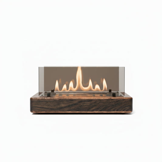 Architectural Wide Tabletop Bioethanol Fireplace — Sleek Low-Profile Indoor Fire Pit in Premium Matte Black with Panoramic Tempered Glass Shields