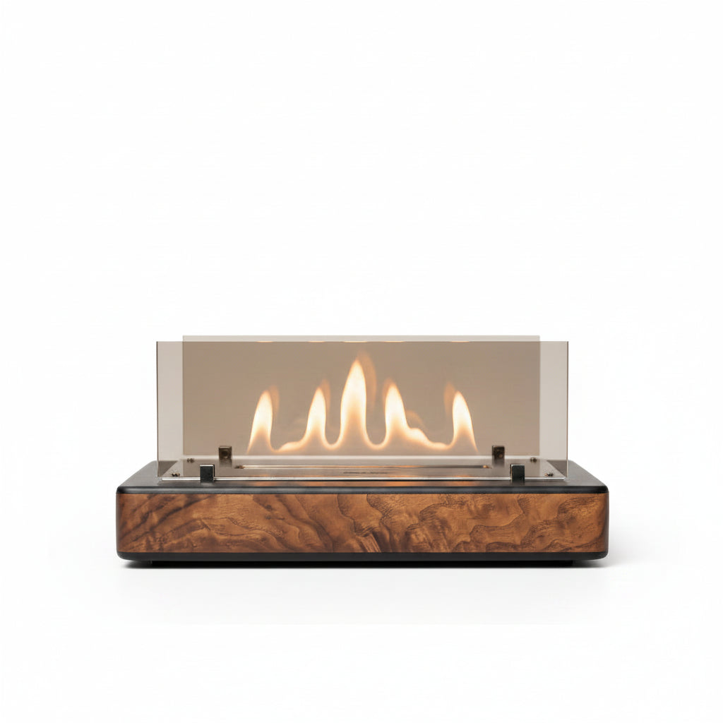 Mid-Century Modern Panoramic Tabletop Bioethanol Fireplace — Long Low-Profile Indoor Fire Pit in Luxury Walnut Wood Finish with Dual Tempered Glass Guards