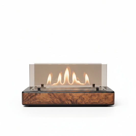 Mid-Century Modern Panoramic Tabletop Bioethanol Fireplace — Long Low-Profile Indoor Fire Pit in Luxury Walnut Wood Finish with Dual Tempered Glass Guards