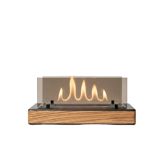 Architectural Wide Tabletop Bioethanol Fireplace — Sleek Low-Profile Indoor Fire Pit in Premium Zebrano Wood Effect Base with Panoramic Tempered Glass Shields