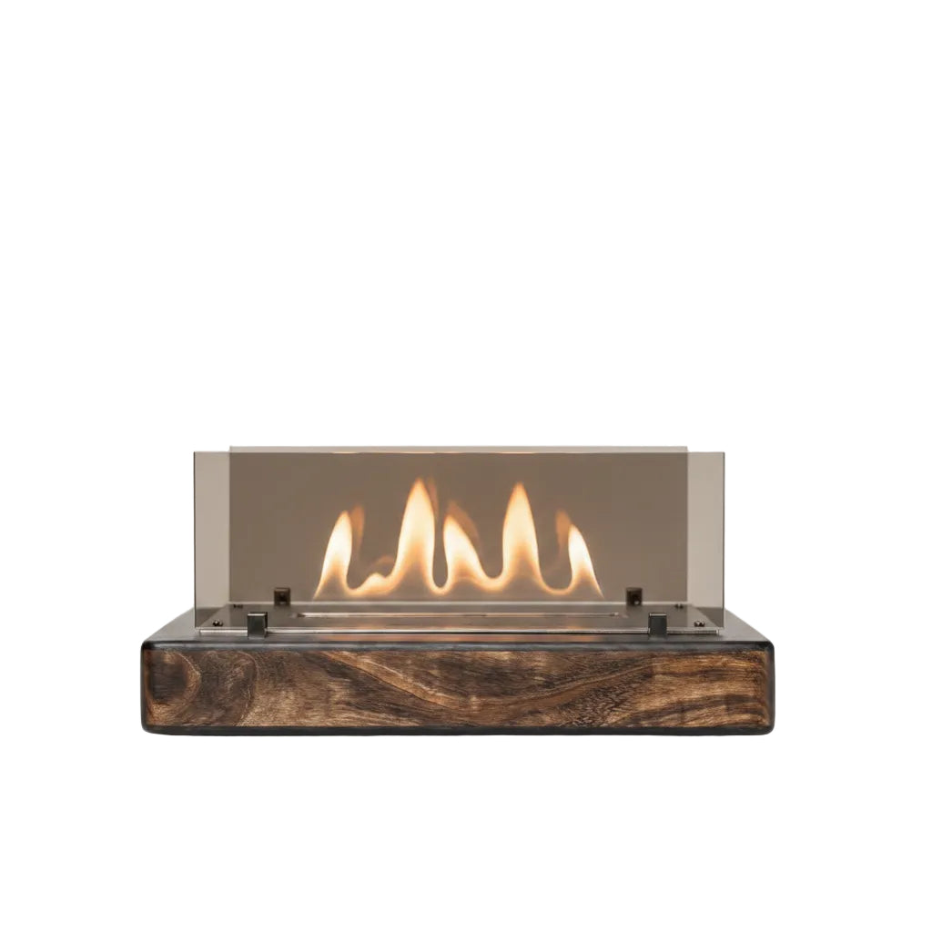 Architectural Wide Tabletop Bioethanol Fireplace — Sleek Low-Profile Indoor Fire Pit in Premium Amazakoue Wood Effect Base with Panoramic Tempered Glass Shields