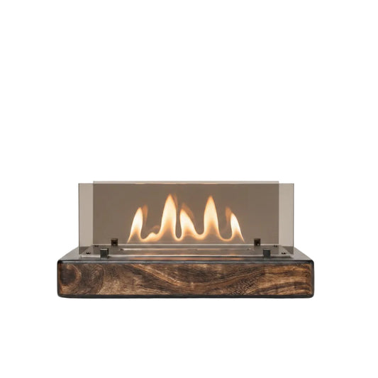 Architectural Wide Tabletop Bioethanol Fireplace — Sleek Low-Profile Indoor Fire Pit in Premium Amazakoue Wood Effect Base with Panoramic Tempered Glass Shields