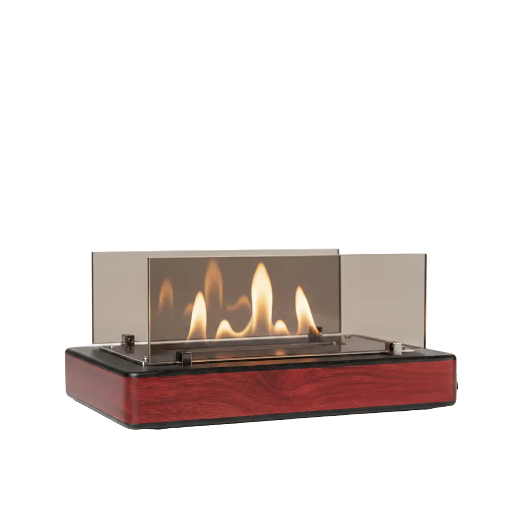 Exotic Padauk Crimson Wood Base Panoramic Tabletop Bioethanol Fireplace — Long Low-Profile Ventless Indoor Fire Pit with Dual Tempered Glass Guards