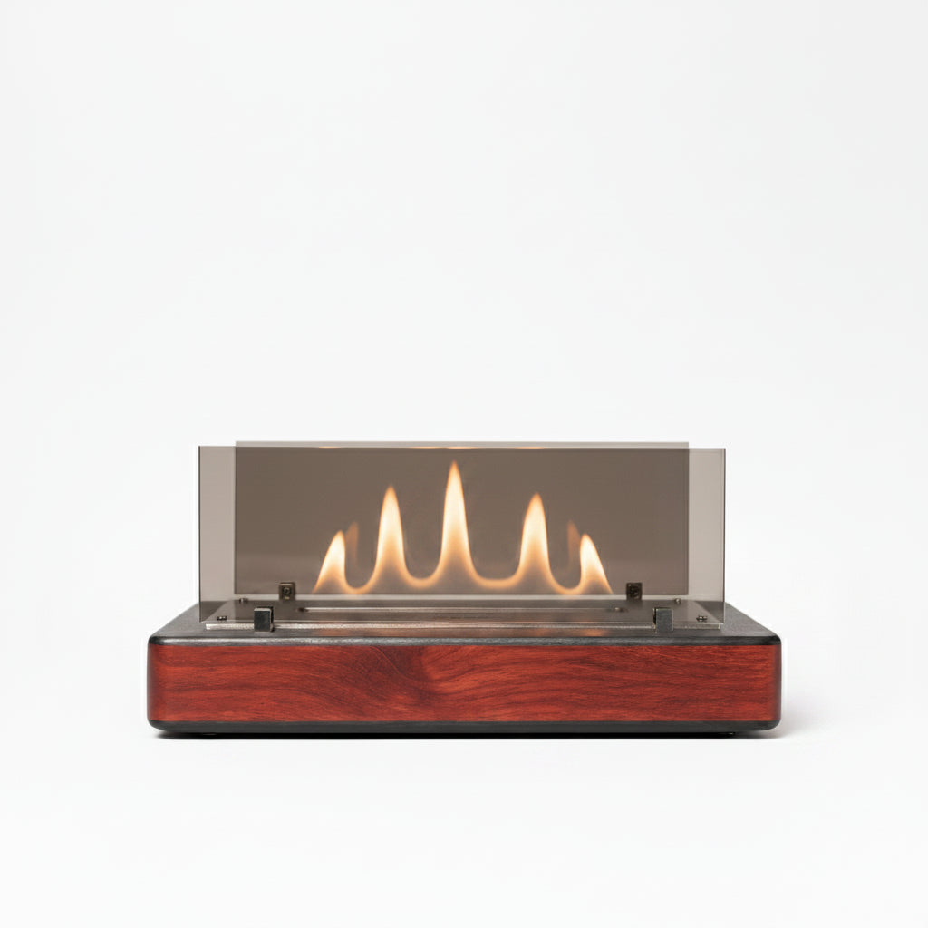 Exotic Padauk Crimson Wood Base Panoramic Tabletop Bioethanol Fireplace — Long Low-Profile Ventless Indoor Fire Pit with Dual Tempered Glass Guards