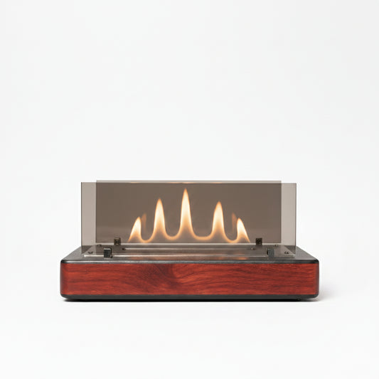 Exotic Padauk Crimson Wood Base Panoramic Tabletop Bioethanol Fireplace — Long Low-Profile Ventless Indoor Fire Pit with Dual Tempered Glass Guards