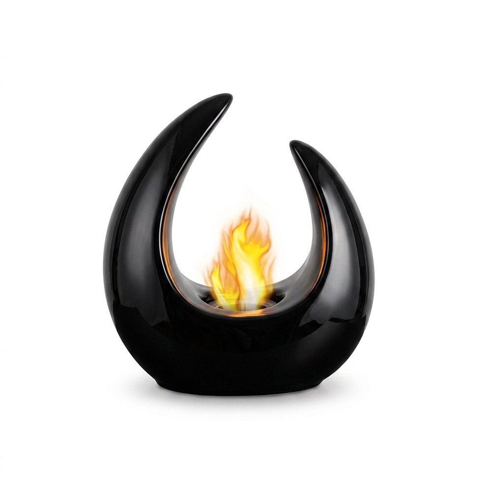 Minimalist Teardrop Tabletop Bioethanol Fireplace — Sleek Tear-Shaped Indoor Fire Pit with Cylindrical Glass Shield