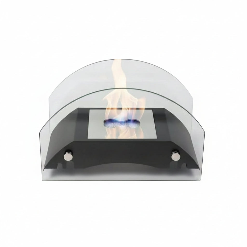Minimalist Bridge Arch Tabletop Bioethanol Fireplace — Sleek Geometric Indoor Fire Pit in Matte Black with Dual Tempered Glass Shields