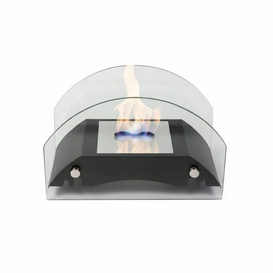 Minimalist Bridge Arch Tabletop Bioethanol Fireplace — Sleek Geometric Indoor Fire Pit in Matte Black with Dual Tempered Glass Shields